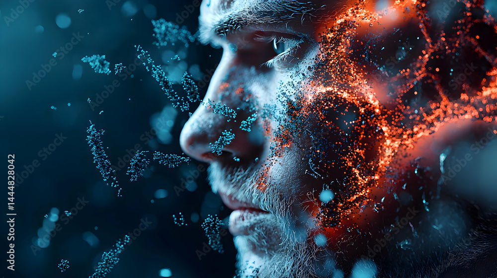 Poster a striking profile of a man's face with an ethereal blend of particles suggesting transformation or 