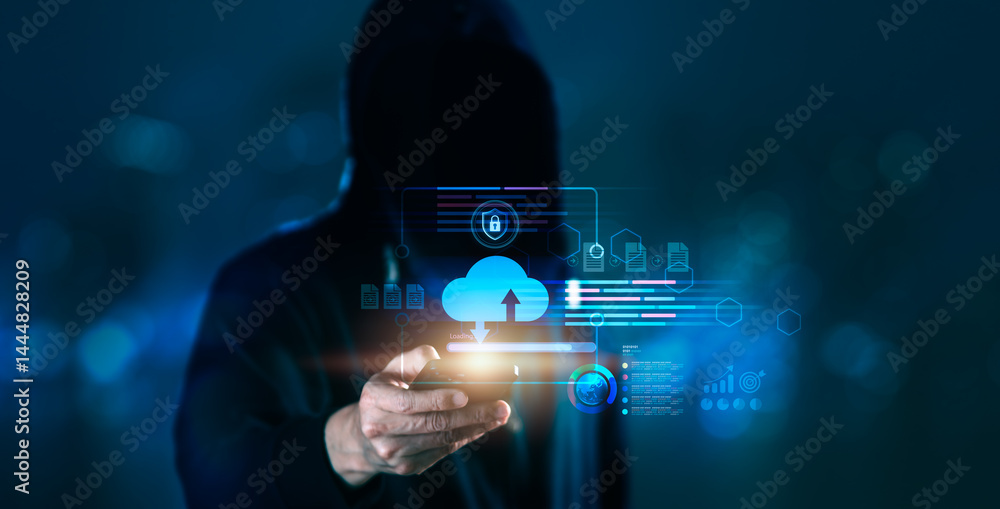 Poster man touches a bright cloud symbol and padlock on a digital screen, signifying security and privacy