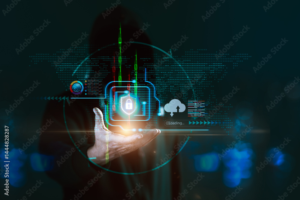 Aufkleber man in a hoodie holds a digital display featuring a security shield with a padlock