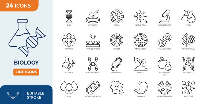 biology icon set. biology science laboratory icon set. Outline Icon Collection. Vector illustration. Editable stroke	