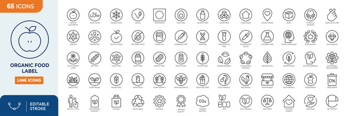 Organic food label line editable icon set. Editable stroke. Vector illustration