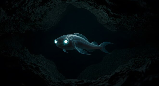 Mysterious Deep Sea Creature Glowing in Dark Cave Abyssal Zone Underwater Fish Bioluminescent