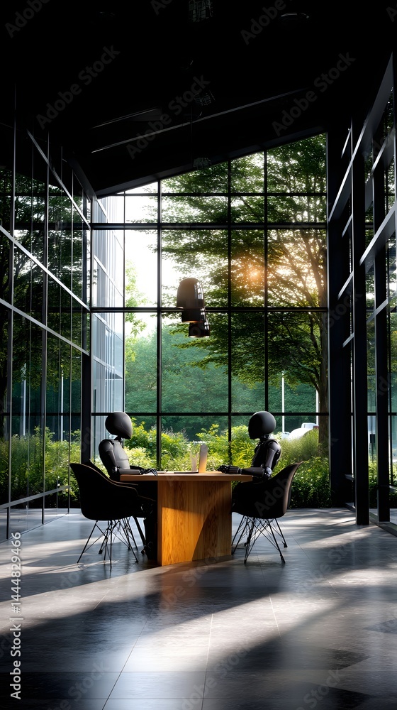Poster collaborative space featuring a table and chairs ideal for human and ai project discussions