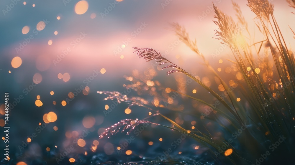Aufkleber beautiful meadow with dewy grass at dawn, soft light and bokeh background creating a dreamy atmosphe