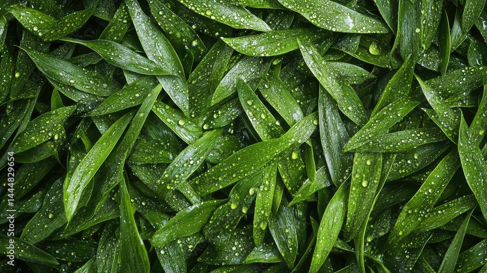 Poster close-up view of fresh green leaves with water drops creating a lush and vibrant atmosphere in a nat