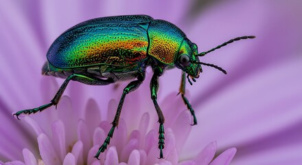Fototapeta premium Iridescent Beetle Crawling on Purple Flower Petals Close Up