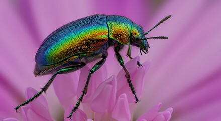 Fototapeta premium Iridescent Beetle Resting on Pink Flower Petals Close-up