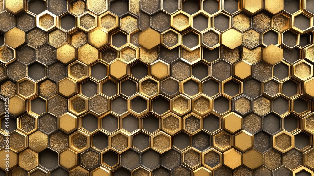Poster abstract golden hexagon pattern with textured surfaces creating a 3d effect, demonstrating elegance,