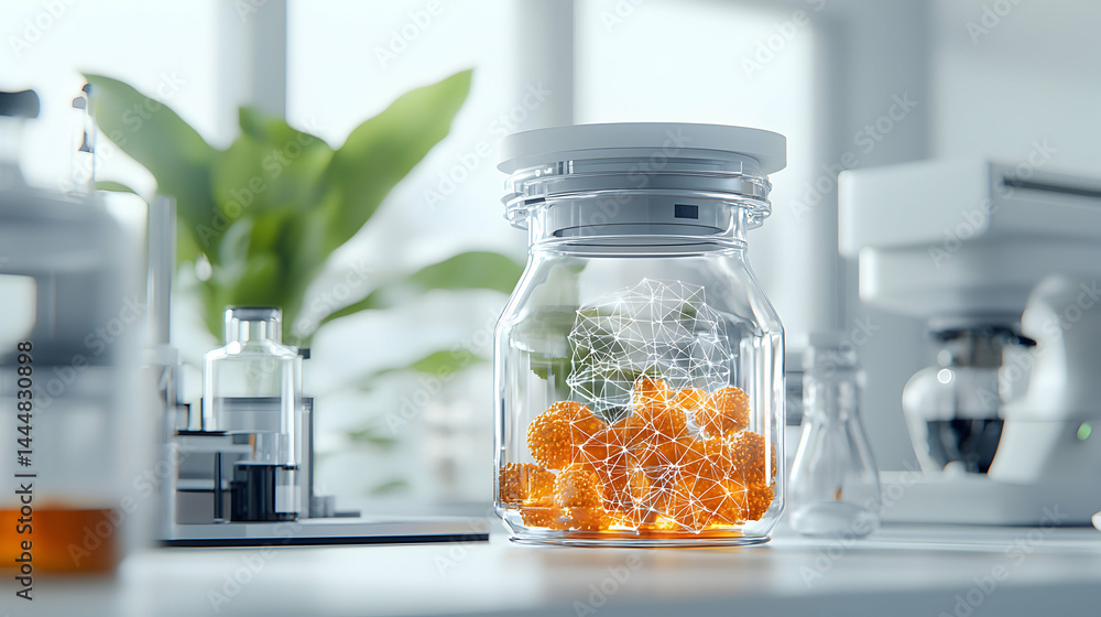 Poster a laboratory setting featuring a glass jar containing glowing orbs interconnected by a network of li