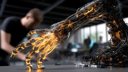 Engineer assembling robotic arm with advanced technology and innovative robotics background