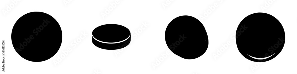 Poster silhouette pictograms depicting various circular objects in an isolated vector icon style