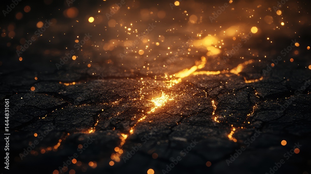 Poster sparkling particles on cracked ground creating a magical atmosphere of light and texture in a myster