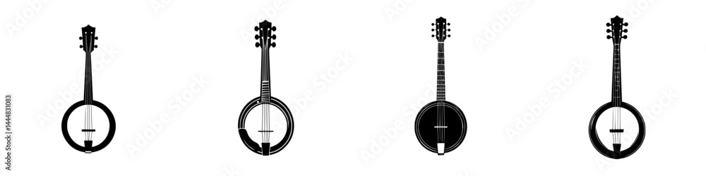 Poster silhouette pictograms of various banjo types displayed in a vector icon set for design and illustrat