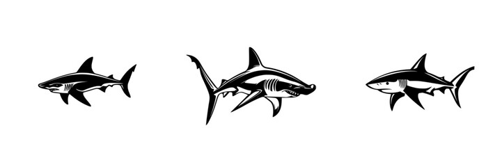 Obraz premium Silhouette pictogram icons of sharks in various sizes representing marine life and biodiversity