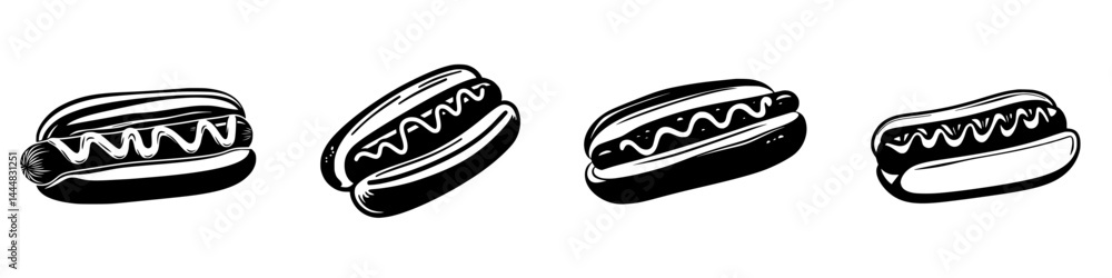 Poster illustration of various hot dog silhouettes showing different styles and toppings in a simple vector