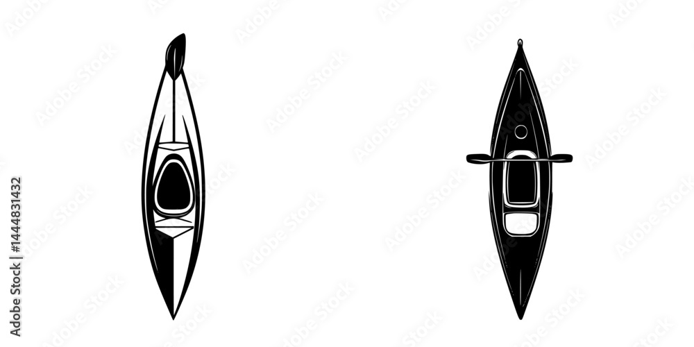 Poster silhouette pictograms of kayaks in various designs showcasing isolated vector icons suitable for div