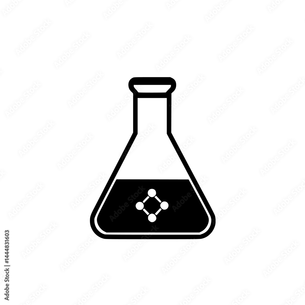 Poster silhouette pictogram of a laboratory flask containing a substance with molecules displayed in simple