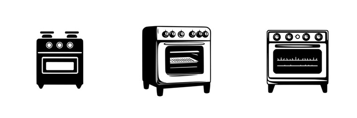 Fototapeta premium Set of isolated vector icons depicting different styles of kitchen stoves and ovens for culinary design and decoration