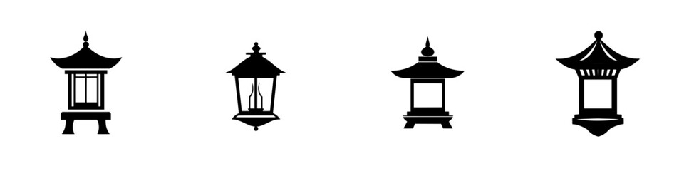 Silhouette pictogram icons set of traditional lanterns and pavilions showcasing various designs in black and white