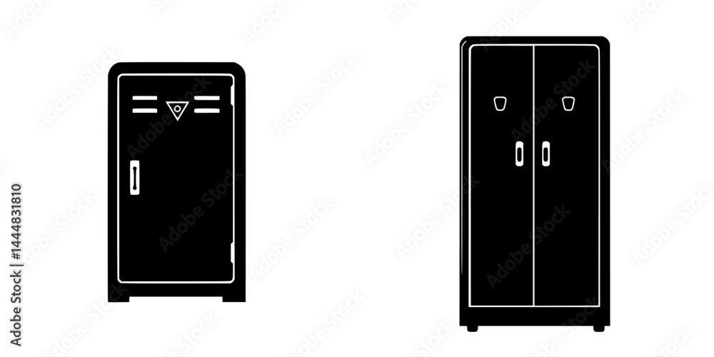 Poster Silhouette pictogram set featuring two distinct types of storage cabinets in isolated vector design ideal for various applications