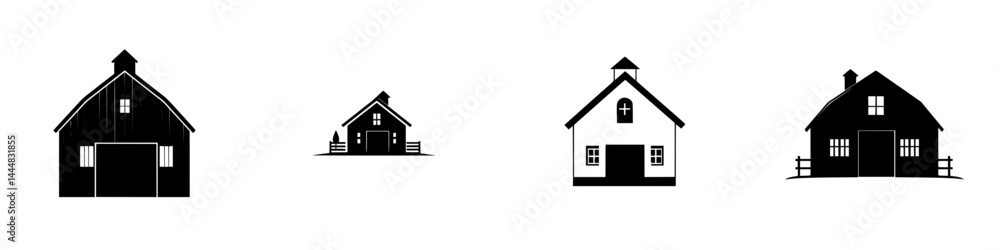 Poster silhouette pictograms of various barn structures showing different styles and sizes in a simplistic 