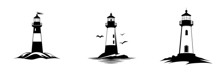Illustrative set of lighthouse silhouette pictograms depicting coastal navigation and maritime safety concepts