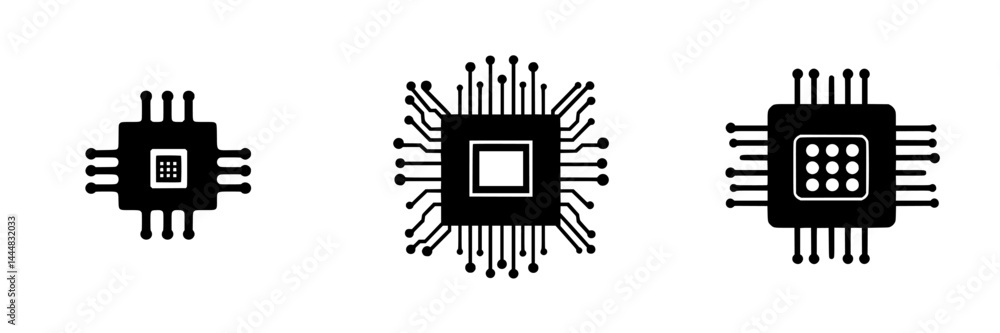 Poster vector icons showcasing various silhouettes of microchips and circuit designs in isolated format