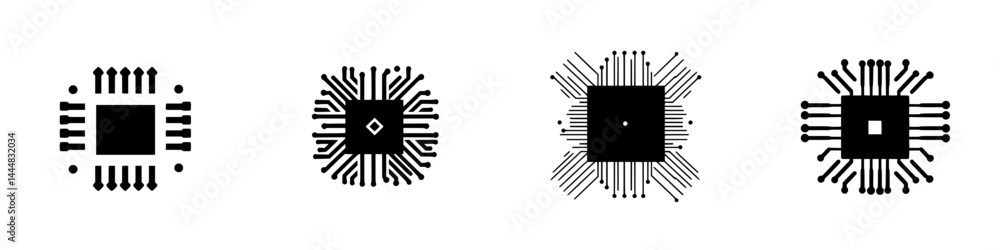 Poster silhouette pictogram set featuring various circuit board designs suitable for technology-related gra