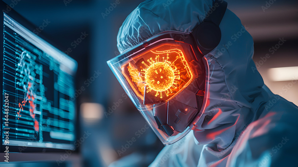 Poster a scientist in a protective suit views a virus displayed in their high tech visor. the image is suit