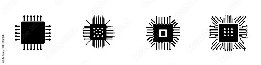 Poster silhouette pictogram showcasing a variety of microchip designs for technology-related applications a