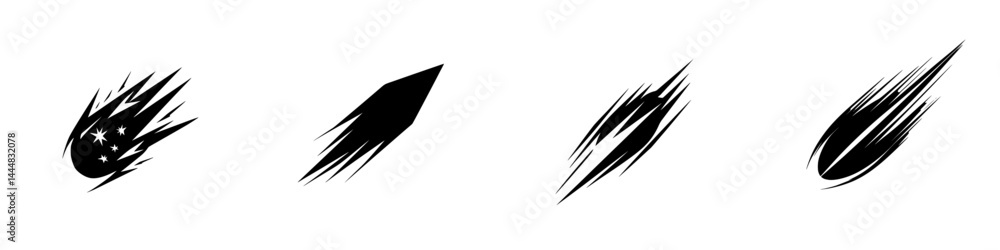 Poster silhouette pictograms of dynamic comet and meteor shapes with varying designs showcasing movement an