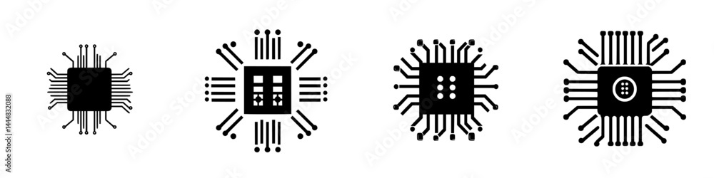 Poster silhouette pictogram icons set featuring various microchip designs for technology and electronics re