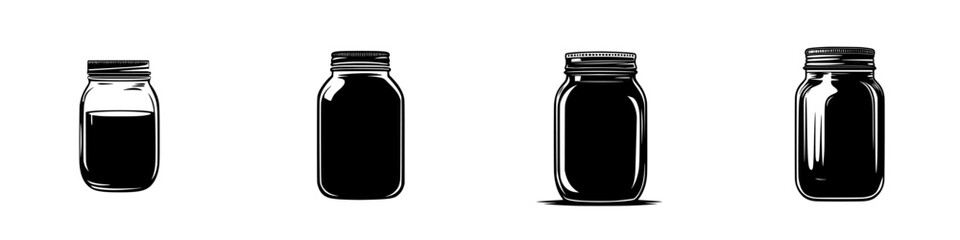 Silhouette pictogram set of various jar shapes representing storage containers for liquids or solids