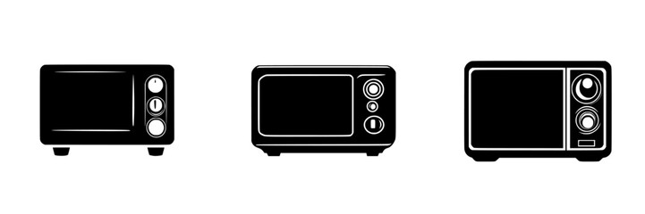 Fototapeta premium Set of three silhouette pictograms representing different styles of microwaves suitable for kitchen design concepts
