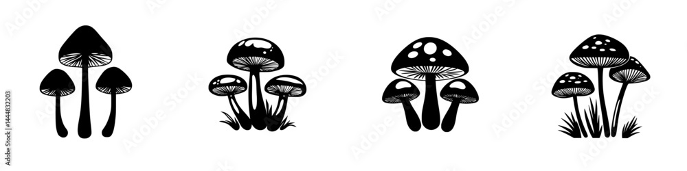 Poster silhouette pictogram of various mushroom types in simple, isolated vector icons set for nature and c