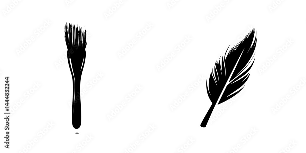 Poster silhouette pictogram of a brush and a feather representing artistic tools commonly used in creative 