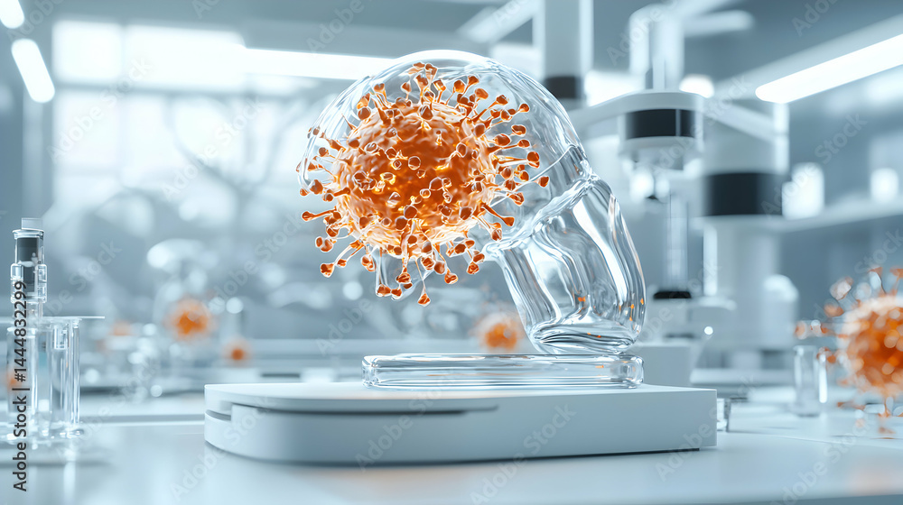 Poster image depicts a virus under a microscope in a lab setting. it's suitable for articles on medical res