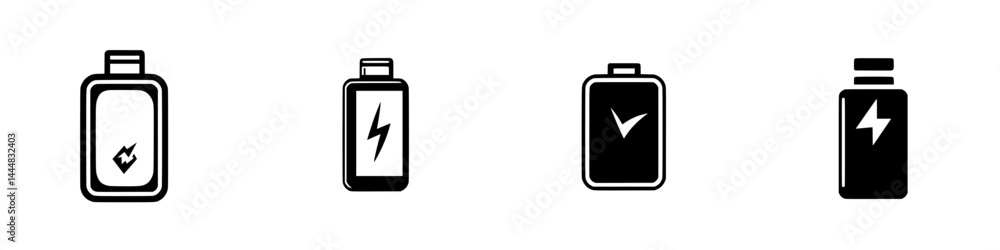 Poster set of silhouette pictogram icons representing different types of battery and energy containers for 