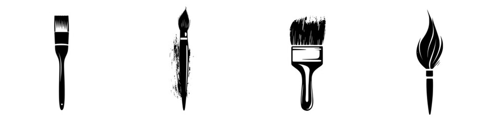 Various silhouette pictograms of paintbrushes showcasing different styles and shapes for artistic representation