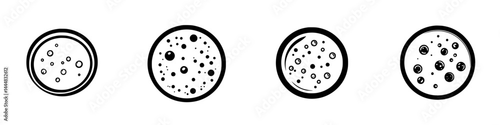 Poster set of four silhouette pictograms representing various circular shapes with dots, ideal for graphic 