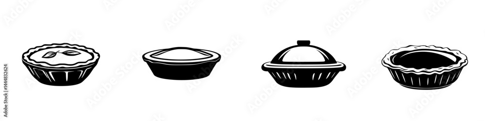 Poster collection of silhouette pictograms representing various types of pies in a minimalist design style