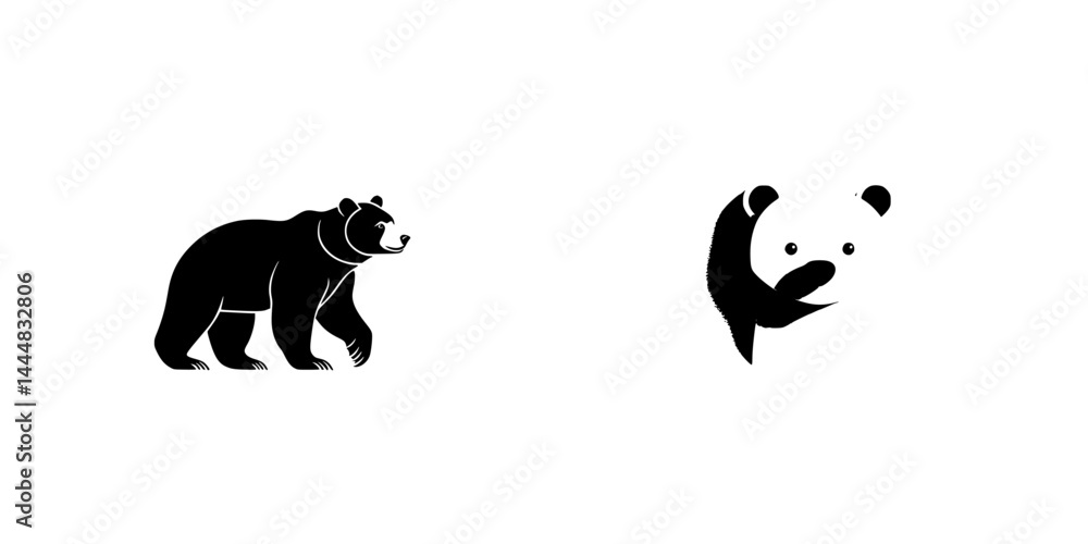 Poster silhouette pictograms of a bear and a panda shown in a minimalistic vector style with an isolated ba
