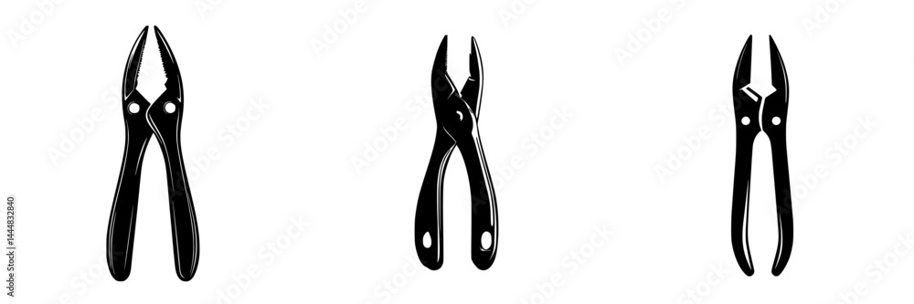 Poster silhouette pictogram set of different types of pliers in isolated vector design for use in various a