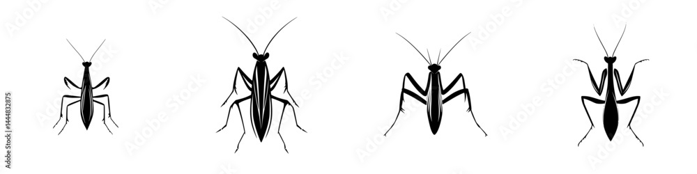 Poster silhouette pictogram set of various mantis species showcasing distinct features and forms