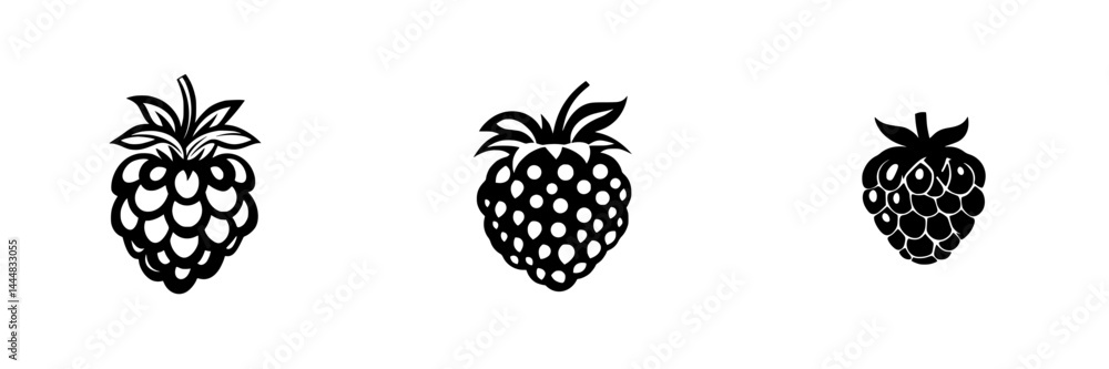 Poster silhouette pictogram set featuring isolated vector icons of three blackberry designs in various styl