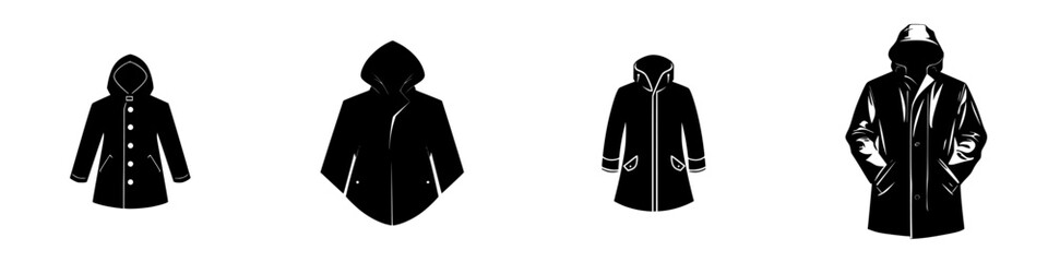 Variety of silhouette pictograms representing different coat styles for cold weather protection