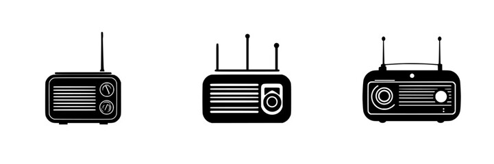 Collection of isolated vector icons depicting various styles of radio silhouettes in black