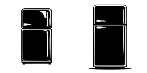 Stylized silhouettes of retro and modern refrigerators illustrating different designs and shapes