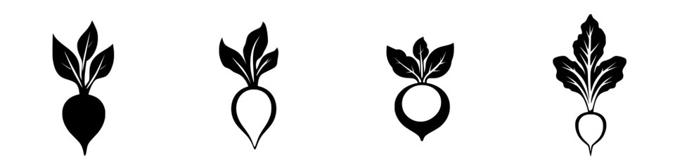 Silhouette pictograms of various radish designs showcasing different leaf styles for decorative or educational purposes