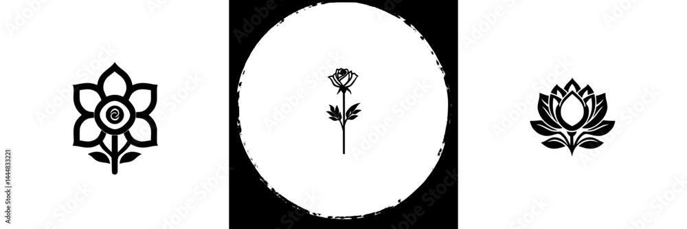 Poster silhouette pictogram icons set featuring various flower designs in a minimalistic style for decorati